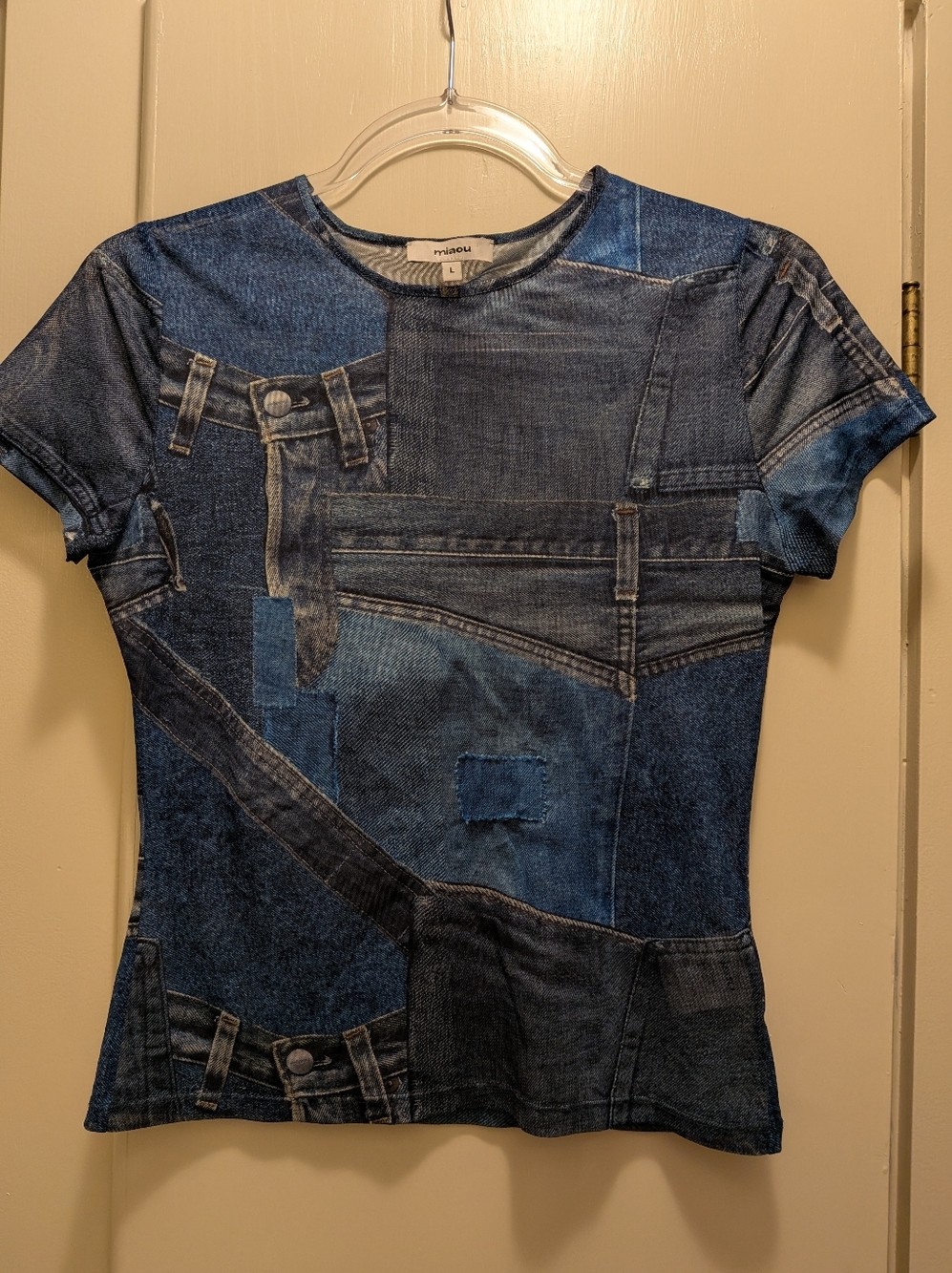 Miaou Women’s Blue Mesh Graphic Denim-Print Tee Large
